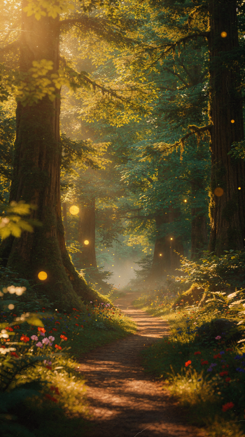 iPhone wallpaper showing an enchanted forest path bathed in golden sunlight, towering mossy trees, wildflowers and drifting fairy lights into mist.