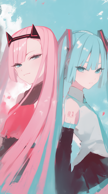 Phone wallpaper of Zero Two (Darling in the FranXX) and Hatsune Miku, back-to-back in pastel pink and teal anime aesthetic with soft falling petals.