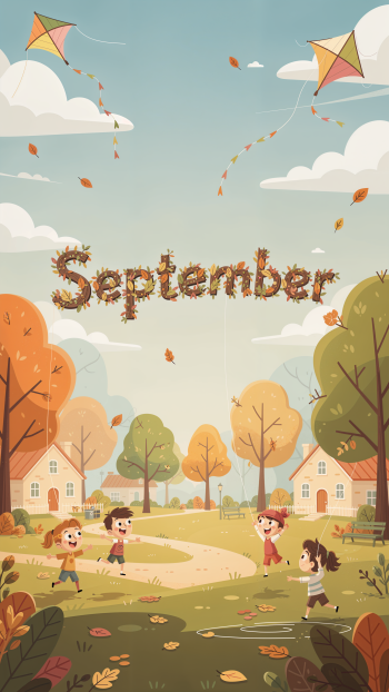 September iPhone wallpaper: September spelled in leaves above a whimsical autumn neighborhood — kids playing, kites flying, falling leaves, trees and cozy houses under a pale blue sky.