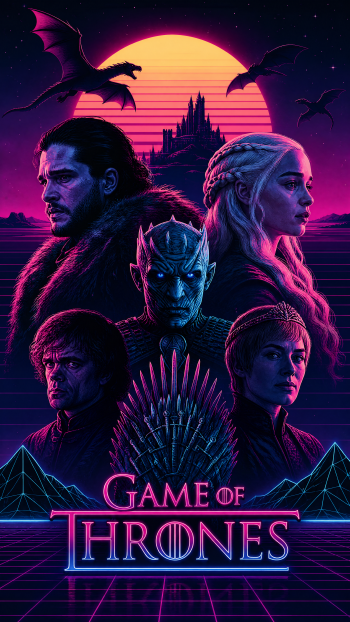 Neon retro Game of Thrones iPhone wallpaper: Jon Snow, Daenerys, Night King, Tyrion and Cersei around the Iron Throne with dragons and a pink sunset.
