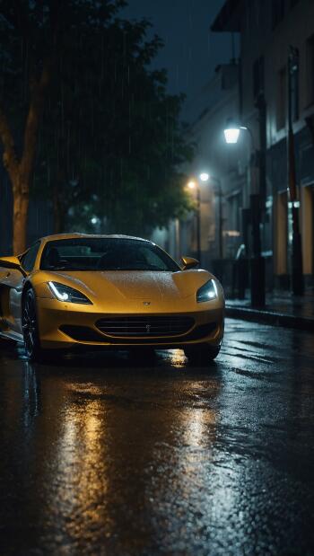 Golden sports car on a rainy city street at night, headlights and wet pavement reflecting light — vertical iPhone wallpaper.