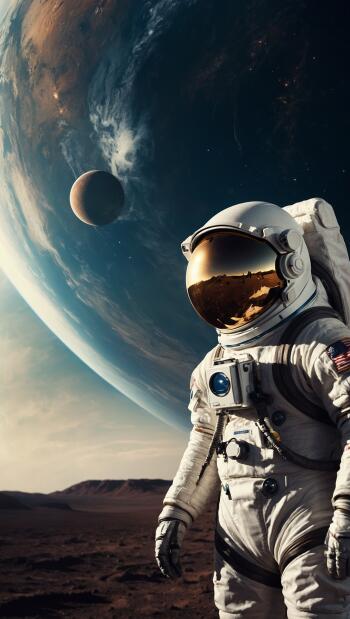 iPhone wallpaper: sci-fi space scene of an astronaut on an alien plain beneath a massive planet and a smaller moon.