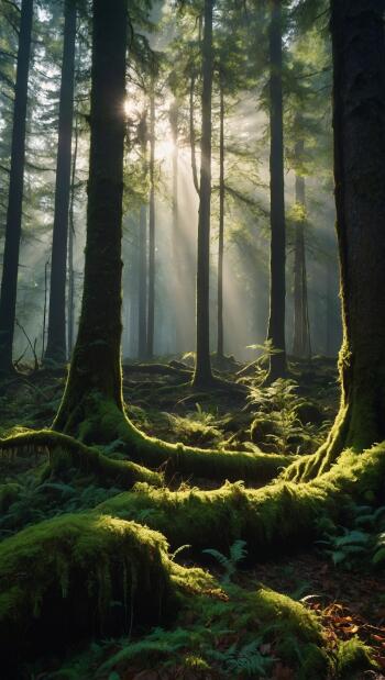 iPhone wallpaper of an enchanted forest: sunbeams pierce tall trees, illuminating moss-covered roots and ferns.