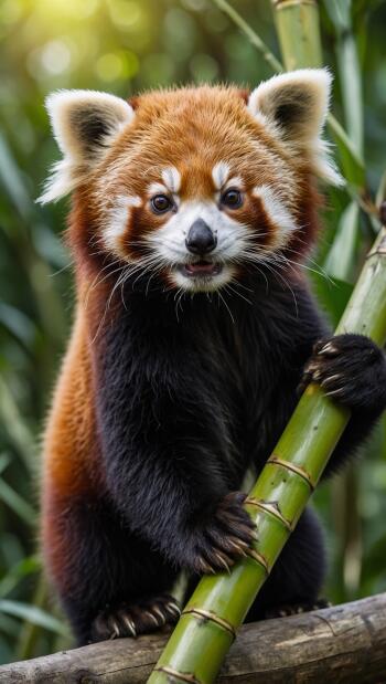 Cute baby red panda portrait clutching bamboo amid lush greenery — vertical phone/iPhone wallpaper wildlife close-up.