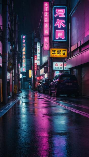 Cyberpunk Tokyo alley at night: rain-slick street reflecting pink and blue neon signs, parked cars and narrow buildings, vertical iPhone wallpaper composition.