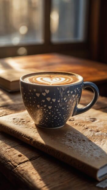 iPhone wallpaper: cozy morning coffee cup with heart latte art in a heart-speckled mug on a sunlit wooden table.