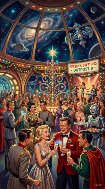 iPhone wallpaper: retro‑futuristic holiday party aboard a domed space outpost — decorated tree, vintage‑clad guests toasting, robot server and band beneath a starry galaxy and Season's Greetings sign.