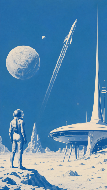 Minimalist blue iPhone wallpaper: lone astronaut on a lunar plain watches a sleek rocket streak past a large moon toward a round space station and towering futuristic spire.
