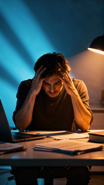 iPhone wallpaper showing a frustrated man hunched over paperwork at a desk, hands on his head under a warm lamp with dramatic cool blue backlighting.