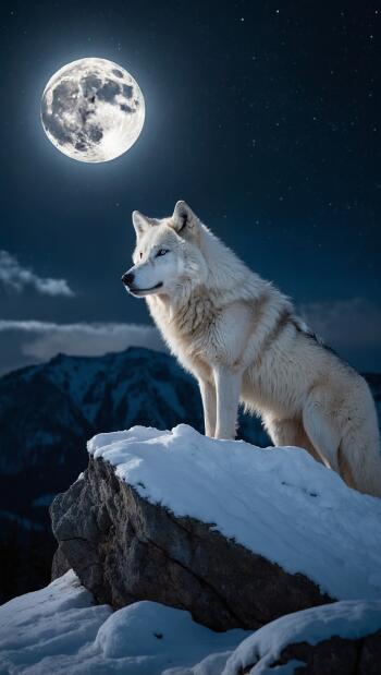 White wolf standing on a snowy rock beneath a full moon in a night sky — wildlife iPhone wallpaper.