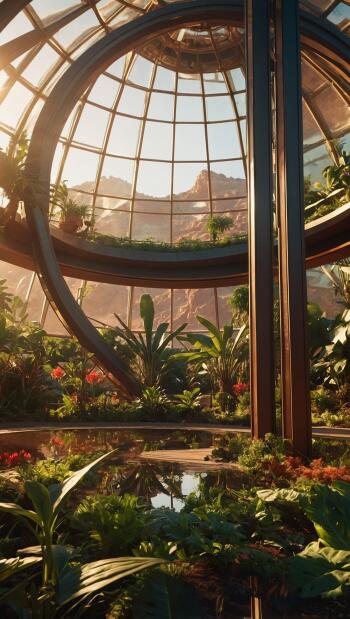 Futuristic sci-fi garden inside a glass-domed atrium: lush plants, reflective pool and curved architecture, vertical iPhone wallpaper.
