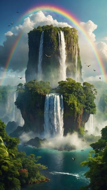 Fantasy iPhone wallpaper: a surreal floating island with lush trees and cascading waterfalls, misty pools below, birds in flight and a vibrant rainbow arcing across the sky.