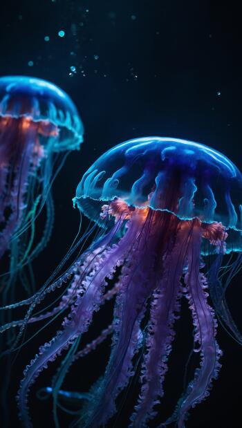 Neon bioluminescent jellyfish drifting underwater in the deep ocean, glowing electric blue and purple — vertical iPhone wallpaper.