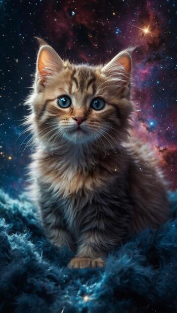Cute fluffy kitten floating in a cosmic galaxy of stars and colorful nebulae — vertical iPhone wallpaper.