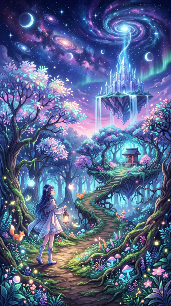 Anime forest iPhone wallpaper: a girl with a lantern follows a glowing path through bioluminescent trees toward a floating crystal castle under a spiral galaxy sky.