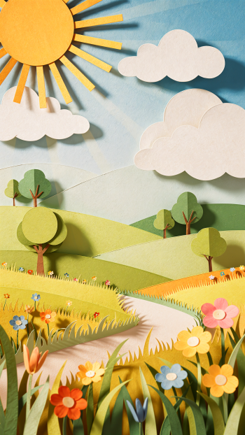 Bright paper-cut summer landscape with sun, fluffy clouds, rolling green hills, trees and colorful flowers — vertical phone/iPhone wallpaper.