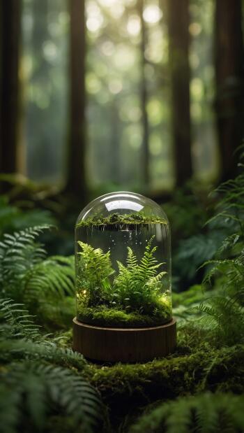 iPhone wallpaper of a glass terrarium cradling ferns and moss on a wooden base, glowing green amid a misty forest floor.