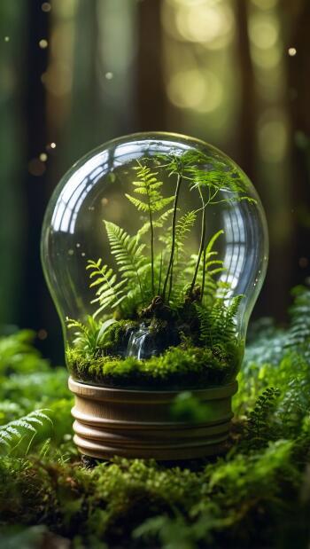 iPhone wallpaper: glass light bulb terrarium holding a miniature forest and tiny waterfall, ferns and moss glowing in soft forest bokeh.