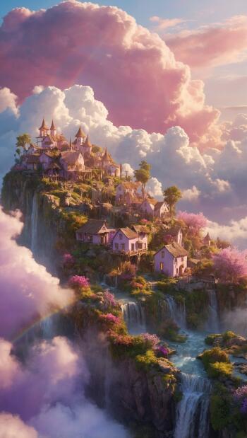 Fantasy iPhone wallpaper: a vertical cliffside village nestled in clouds with cascading waterfalls, pink skies and a faint rainbow.