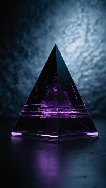 Minimalist OLED iPhone wallpaper: abstract purple glass pyramid centered on a dark textured background with soft reflections and subtle neon glow.