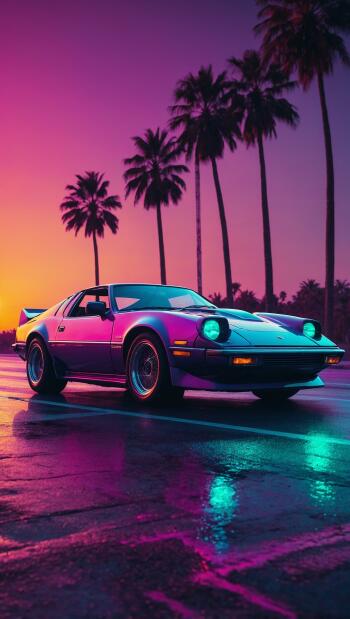 iPhone wallpaper: synthwave/retrowave Outrun scene — 80s‑retro sports car on a neon‑wet street with palm trees and a magenta‑orange sunset.