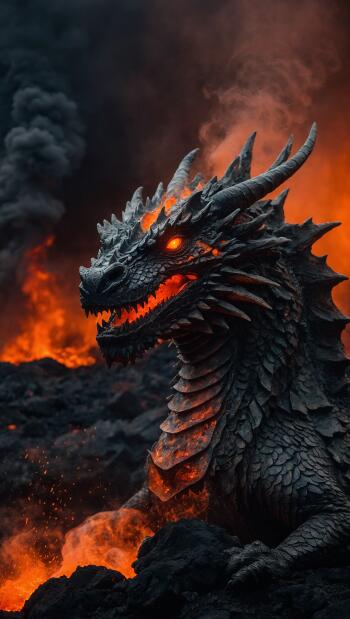 iPhone wallpaper of a volcanic fantasy monster: a black-scaled dragon with glowing lava eyes and mouth rising from molten lava and smoke.