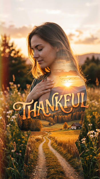iPhone wallpaper of a woman with closed eyes, hand over her heart, double-exposed sunset countryside and winding path with large THANKFUL lettering.
