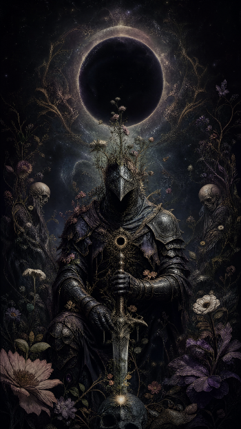Dark Souls iPhone wallpaper: armored, hooded knight kneels with sword amid overgrown flowers and skulls beneath a dark eclipsed halo.