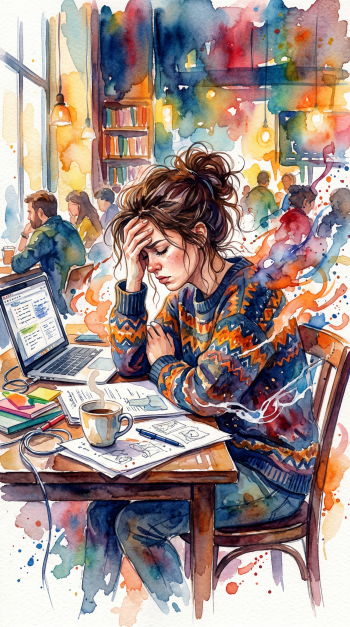 iPhone wallpaper: watercolor of a stressed-out woman in a busy café, head in hand over a laptop, coffee and scattered papers as colorful swirls echo her anxiety.