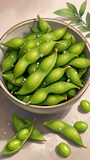 iPhone wallpaper showing a bowl of bright green edamame pods sprinkled with sea salt, with a few opened pods and leaves scattered on a soft, neutral background.