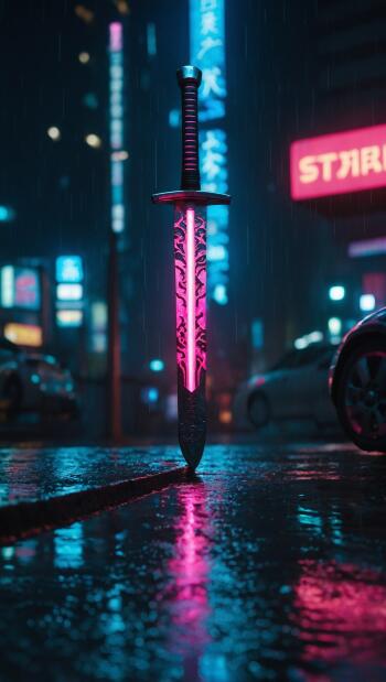 Vertical cyberpunk iPhone wallpaper: a glowing futuristic neon sword planted in a rain-slick street, pink and blue signs reflecting in puddles.