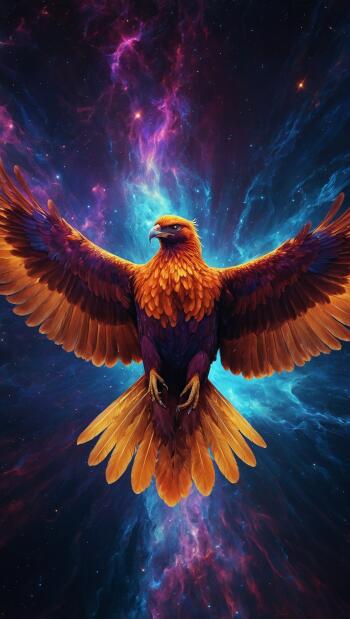 Orange-purple eagle with outstretched wings soaring through a glowing space nebula on a vertical phone wallpaper.