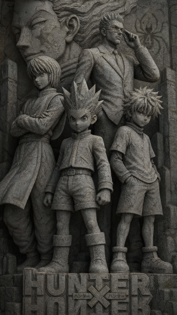 Hunter x Hunter iPhone wallpaper: a stone-relief monument of Gon, Killua, Kurapika and Leorio posed heroically, carved details and the series title at the base.