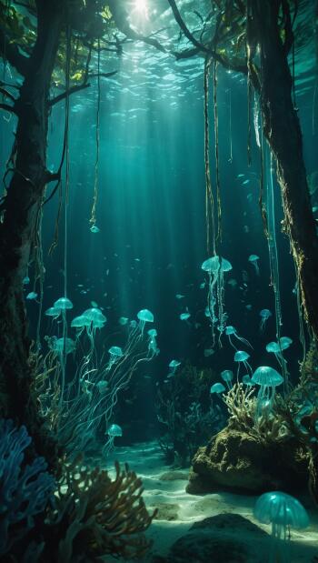 Bioluminescent jellyfish drift through a sunlit underwater forest of kelp and vines, glowing turquoise among coral — magical sea iPhone wallpaper.