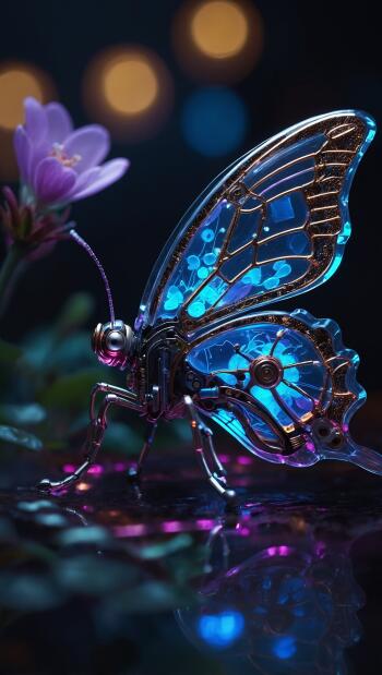 Cyberpunk iPhone wallpaper: a futuristic cybernetic butterfly with glowing blue mechanical wings perched by a purple flower, neon reflections and soft bokeh lights.