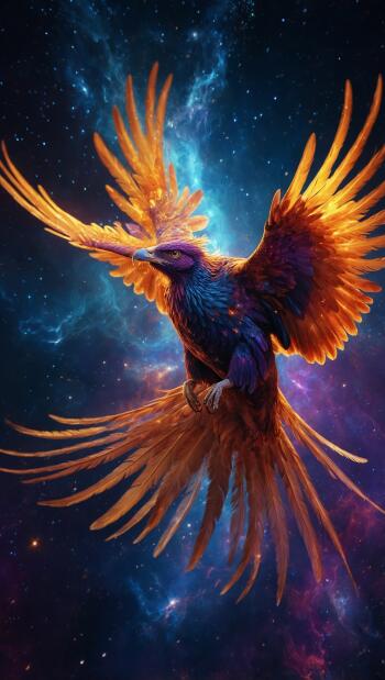 Vivid phoenix (Firebird) with glowing orange-gold wings soaring through a cosmic space nebula of blue and purple stars — vertical iPhone wallpaper.