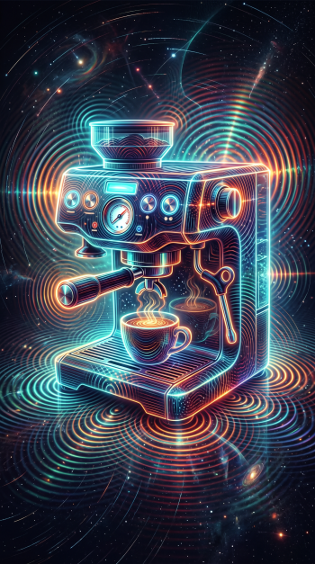 Neon-outline espresso coffee machine brewing into a steaming cup against a cosmic concentric-wave background — stylized phone/iPhone wallpaper.