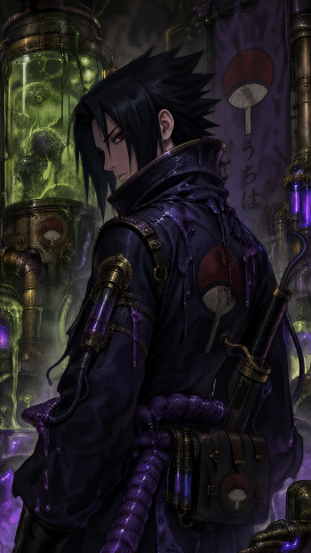 Moody iPhone wallpaper of Sasuke Uchiha, back turned in a dark coat with the Uchiha fan emblem, surrounded by glowing green and purple laboratory vials and steampunk tubes.