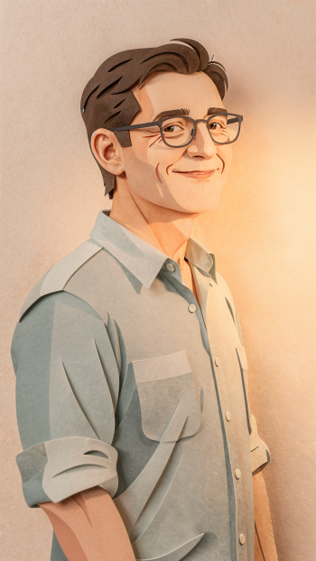 Stylized portrait of a smiling dad in glasses and a rolled-sleeve shirt, warm lighting, vertical iPhone wallpaper.