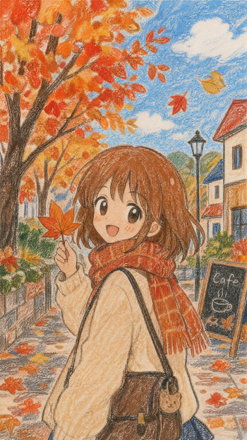 Autumn anime iPhone wallpaper: cheerful girl in a scarf holds a maple leaf while walking a leaf-strewn street past cafés under orange trees and a bright blue sky.