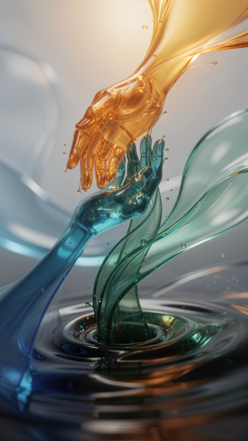 iPhone wallpaper: two liquid glass hands—gold reaching down to teal rising from rippling water—symbolizing rescue and connection.