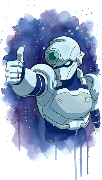iPhone wallpaper: Zoe (Invincible) in white armor giving a thumbs-up against a purple-blue watercolor galaxy backdrop.