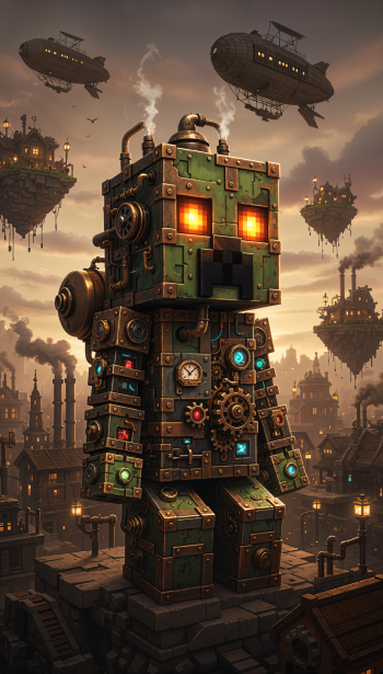 Steampunk Minecraft Creeper rendered as a mechanical robot with glowing eyes amid floating islands and airships — vertical phone/iPhone wallpaper.