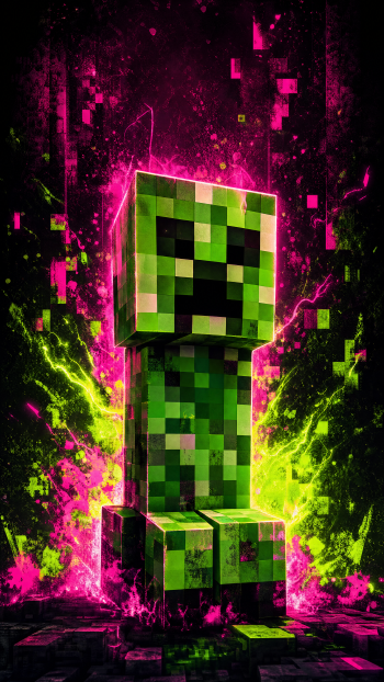 Vibrant iPhone wallpaper of a glowing Minecraft Creeper in neon green and magenta pixel art, standing on blocky terrain with electric splashes and floating pixel fragments.