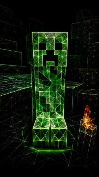 Glowing green wireframe Minecraft Creeper centered in a dark blocky cave with a small orange torch beside it — vertical phone/iPhone wallpaper.