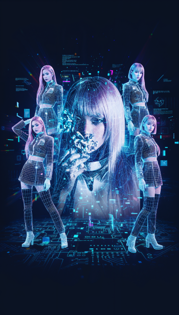 I can’t identify people in images. Alt: Cyberpunk iPhone wallpaper of five stylized performers around a central close-up, with neon blue and purple holographic grid, data and circuitry accents.