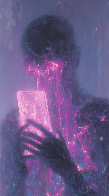 iPhone wallpaper: shadowy figure transfixed by a glowing phone, pink-purple energy flowing from the screen into the eyes and body — a visual metaphor for phone addiction.