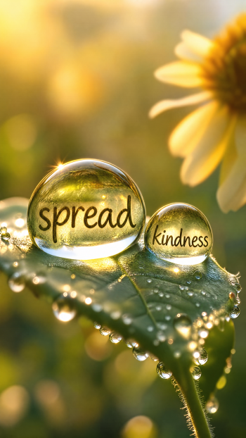 iPhone wallpaper: dewdrops on a leaf with the words spread kindness inside the droplets, warm golden sunlight and a blurred daisy in the background.