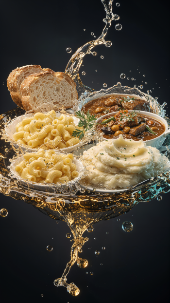 iPhone wallpaper showing a floating platter of comfort food — macaroni, mashed potatoes, stew and sliced bread surrounded by dramatic liquid splashes.