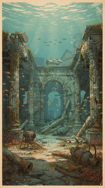 Vertical iPhone wallpaper showing sunlit underwater ruins: mossy stone arches, swimming fish, corals and scattered debris in a submerged ancient hall.